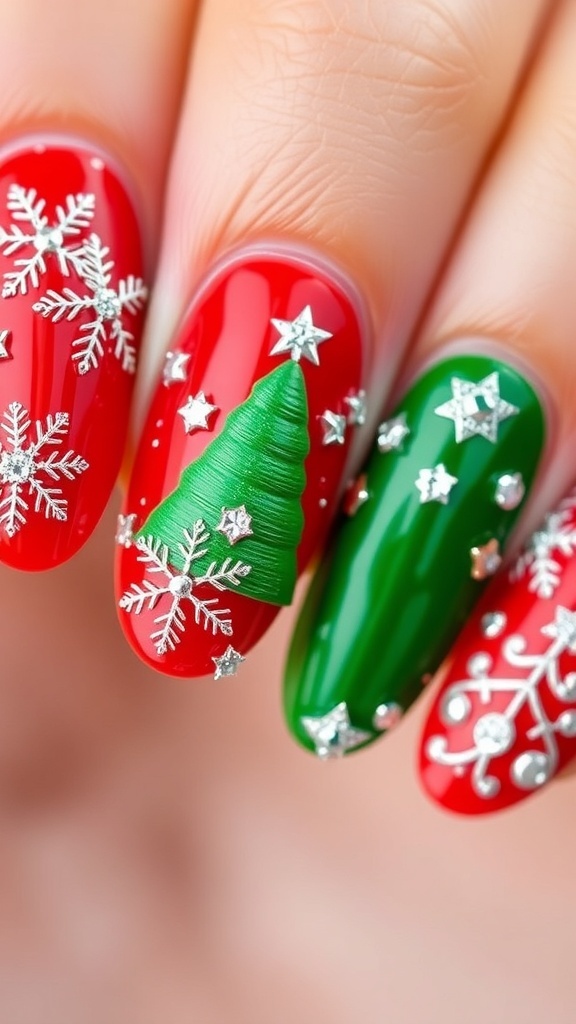 Festive 3D Christmas Nail Art Design Close-up of festive 3D Christmas nail art with snowflakes and rhinestones.